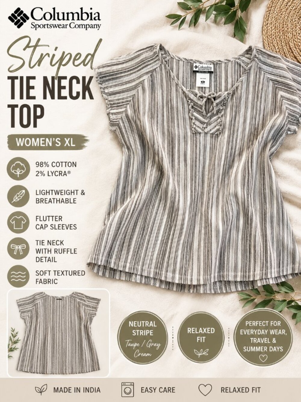 Columbia Striped Flutter Sleeve Tie Neck Top Neutral Taupe Gray XL